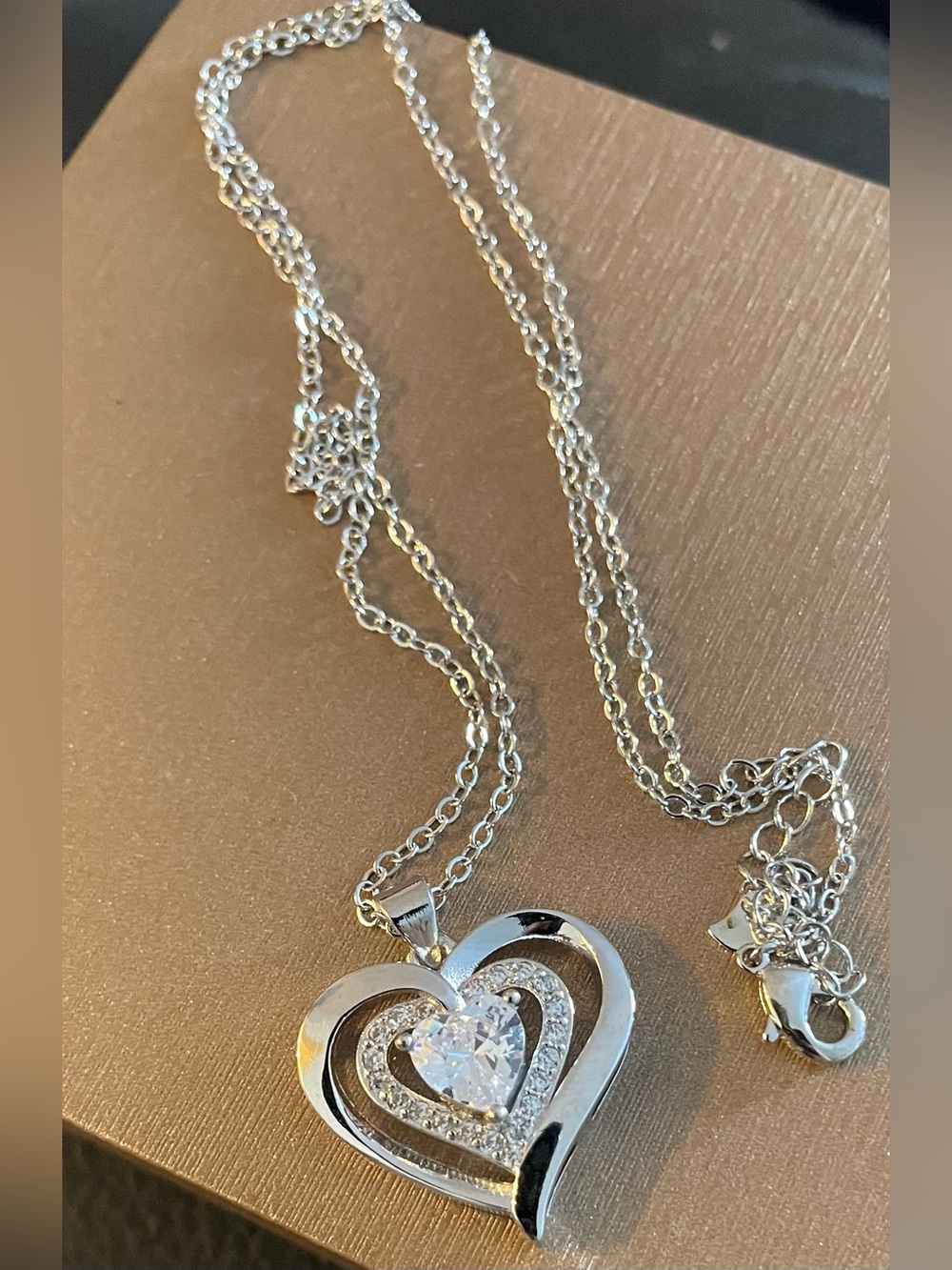 Silver Heart Pendant Necklace with Clear Cubic Zirconia